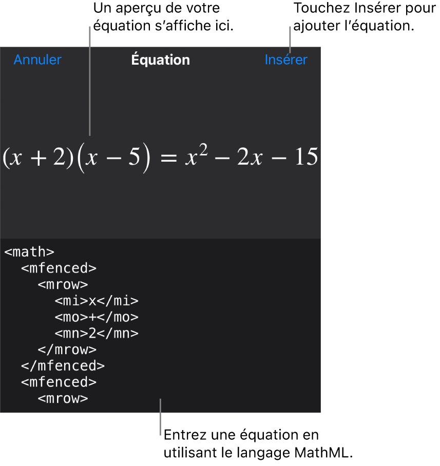 Zone de dialogue Équation, affichant une équation composée à l’aide des commandes MathML et aperçu de la formule au-dessus.