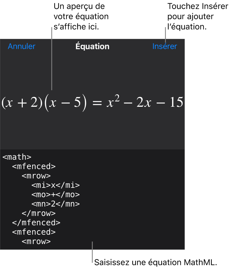 Zone de dialogue Équation, affichant une équation composée à l’aide des commandes MathML, et un aperçu de la formule au-dessus.