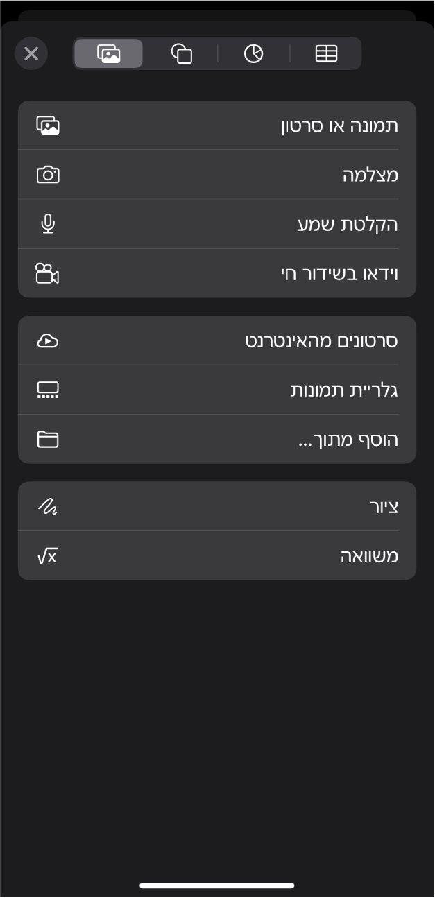 התפריט מדיה מציגה כפתורים להוספה ולהקלטה של אובייקטים שונים של מדיה.