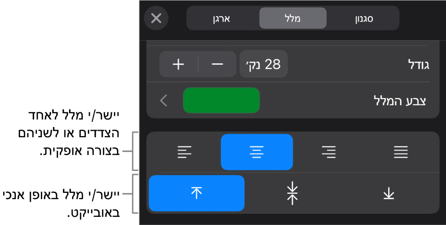 המקטע ״יישור״ בכפתור ״עיצוב״ עם הסברים לכפתורים של יישור מלל.