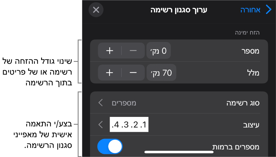 התפריט ״ערוך סגנון רשימה״ עם כלי בקרה לעריכת סוג הרשימה והמראה שלה.