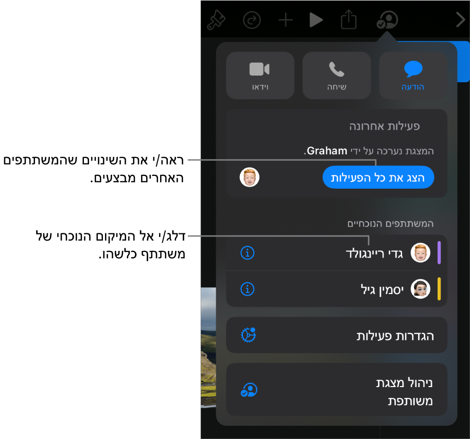 תפריט ״שיתוף פעולה״ שרואים בו משתתפים פעילים כעת.