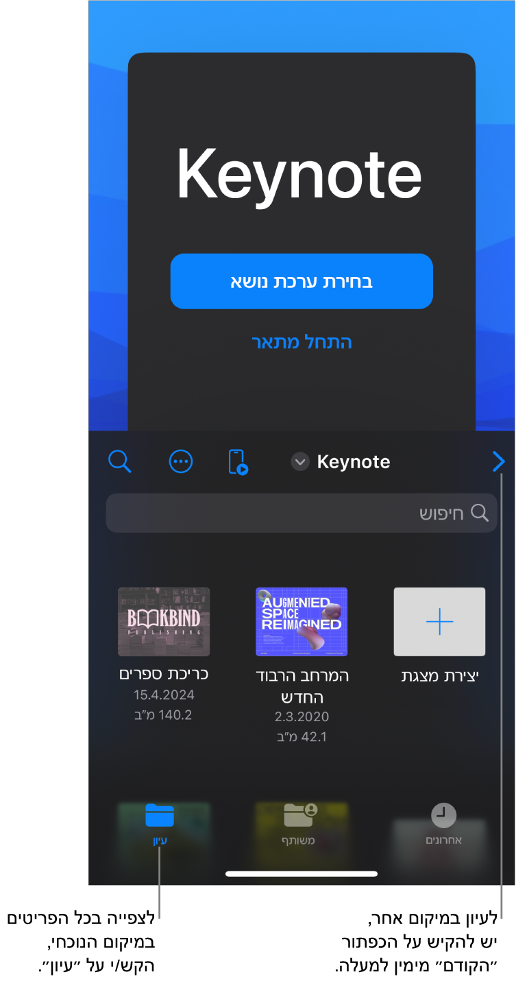 תצוגת העיון של מנהל המסמכים עם הכפתור ״הקודם״ בפינה הימנית העליונה ומתחתיו שדה חיפוש. בפינה השמאלית העליונה רואים את הכפתורים ״הוסף״, ״עוד״ ו״שלט״. בתחתית המסך ישנם הכפתורים ״אחרונים״, ״משותפים״ ו״עיון״.