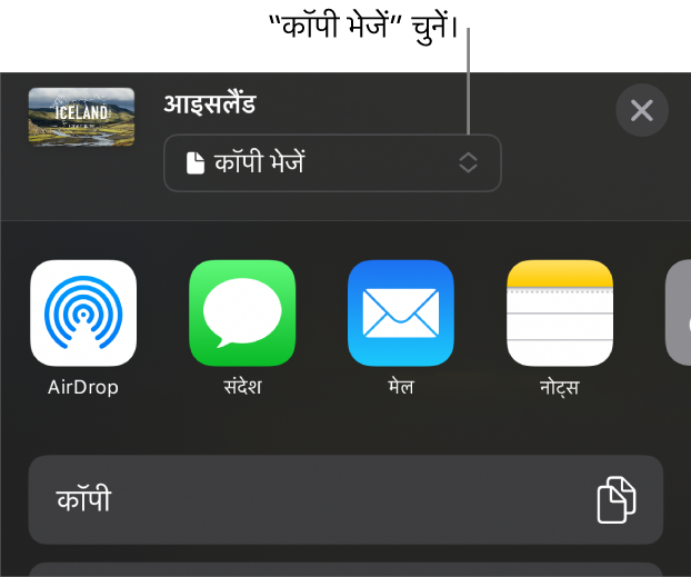 “शेयर करें” मेनू जिसके शीर्ष पर “कॉपी भेजें” चुना गया है।