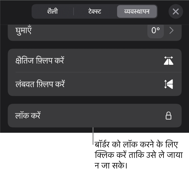 फ़ॉर्मैट मेनू में “व्यवस्थित करें” नियंत्रण, जिसका लॉक बटन कॉल आउट किया गया है।