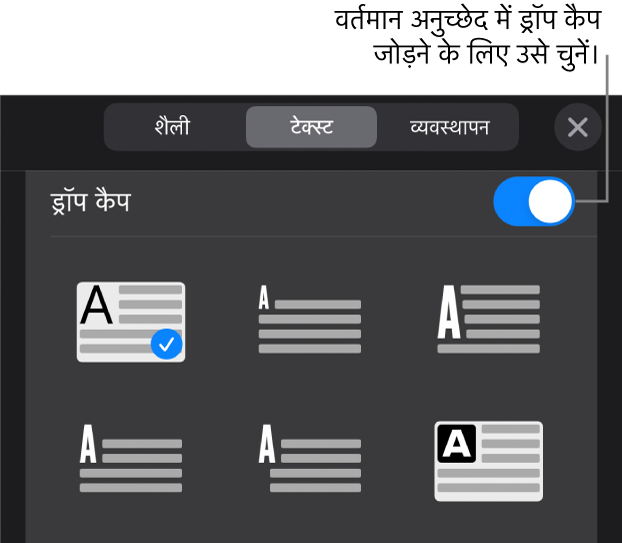 ड्रॉप कैप नियंत्रण टेक्स्ट मेनू के नीचे होते हैं।