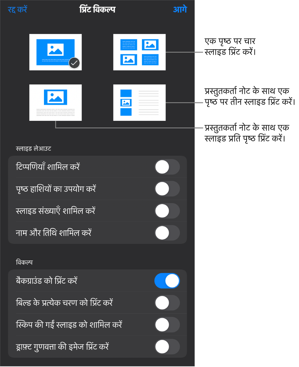 प्रिंट लेआउट विकल्प।