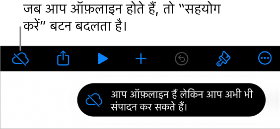 स्क्रीन के शीर्ष पर बटन, जहाँ मौजूद “सहयोग करें” बटन विकर्ण रेखा वाले क्लाउड में बदल जाता है। स्क्रीन पर एक अलर्ट कहता है, “आप ऑफ़लाइन हैं लेकिन अब भी संपादित कर सकते हैं।”