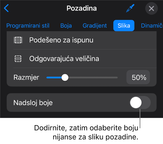 Kontrole Pozadine sa slikom postavljenom kao pozadinom slajda i kontrolom Preklapanje boja pri dnu.