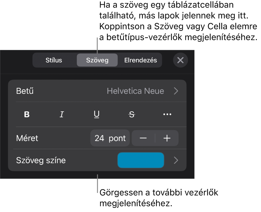 A Formátum menü szövegvezérlői a bekezdés és a karakterek stílusának, betűtípusának, méretének és színének beállításához.