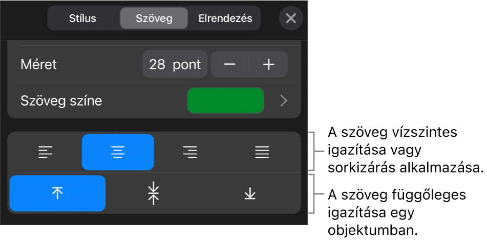 A Formátum gombbal elérhető Igazítás szakasz a szövegigazítási gombokat ismertető feliratokkal.