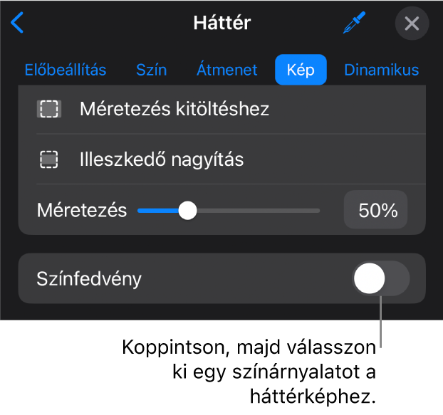 A Háttér vezérlők, egy, a dia háttereként beállított képpel, és az alul megjelenő Színfedvény vezérlővel.