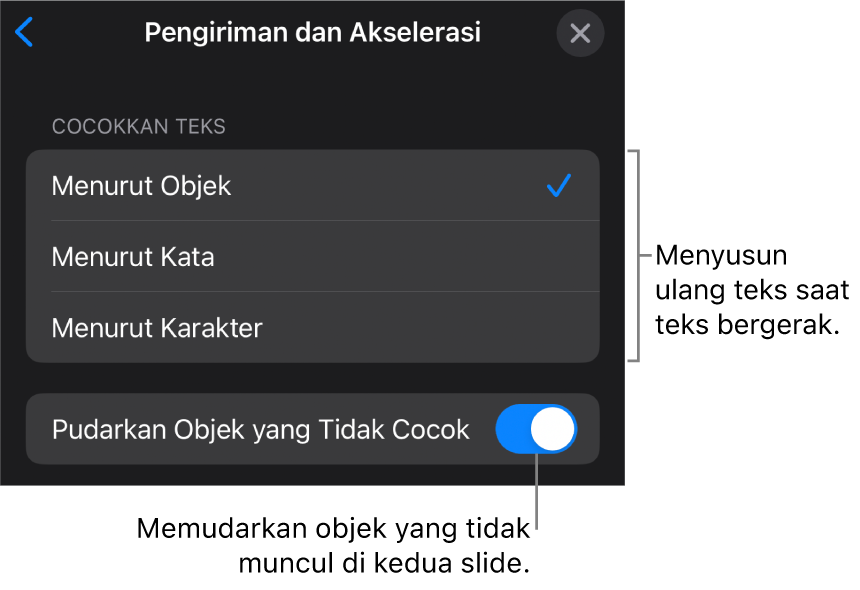 Pilihan pengiriman dan akselerasi Gerakan Ajaib di panel Akselerasi.