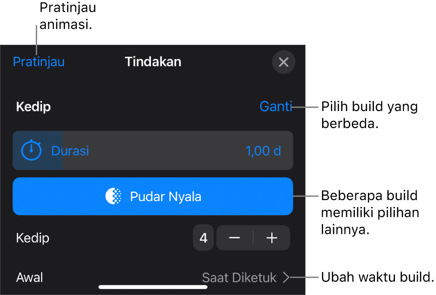 Pilihan build termasuk Durasi dan Mulai waktu. Ketuk Ubah untuk memilih build berbeda, atau ketuk Pratinjau untuk mempratinjau build.