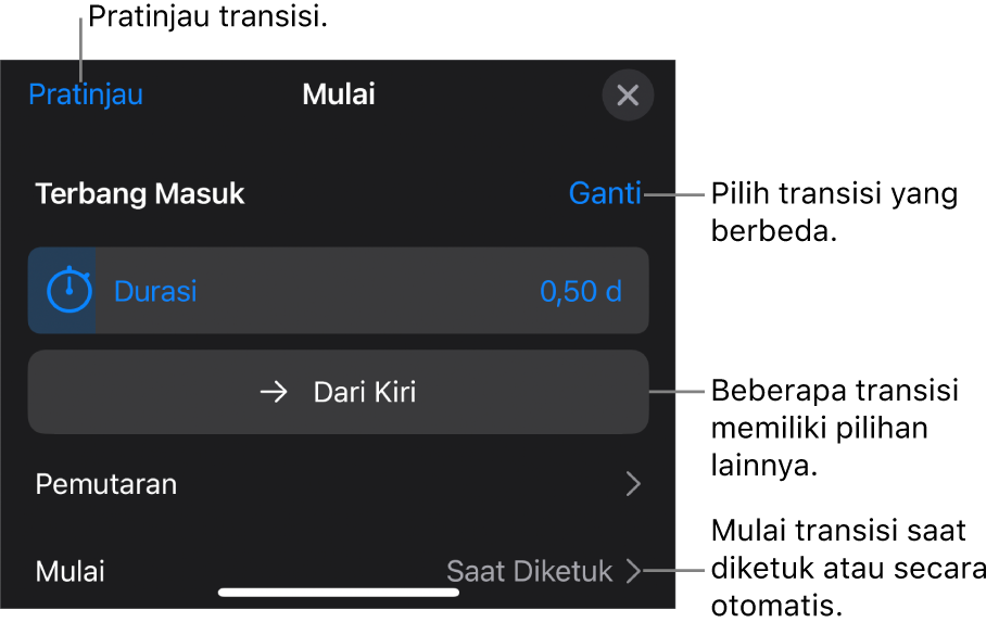 Kontrol di panel Pilihan untuk memodifikasi transisi.