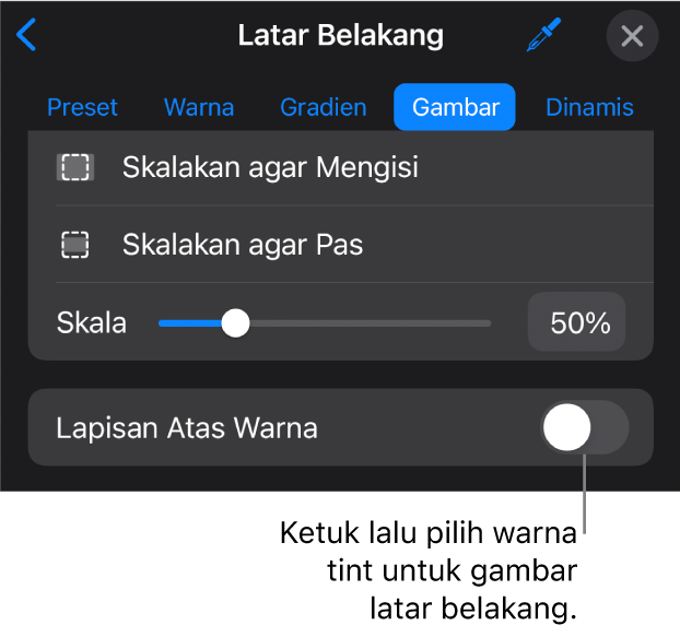 Kontrol Latar Belakang dengan gambar diatur sebagai latar belakang slide dan kontrol Lapisan Atas Warna di bagian bawah.