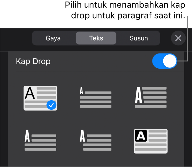 Kontrol Kap Drop terletak di menu Teks.