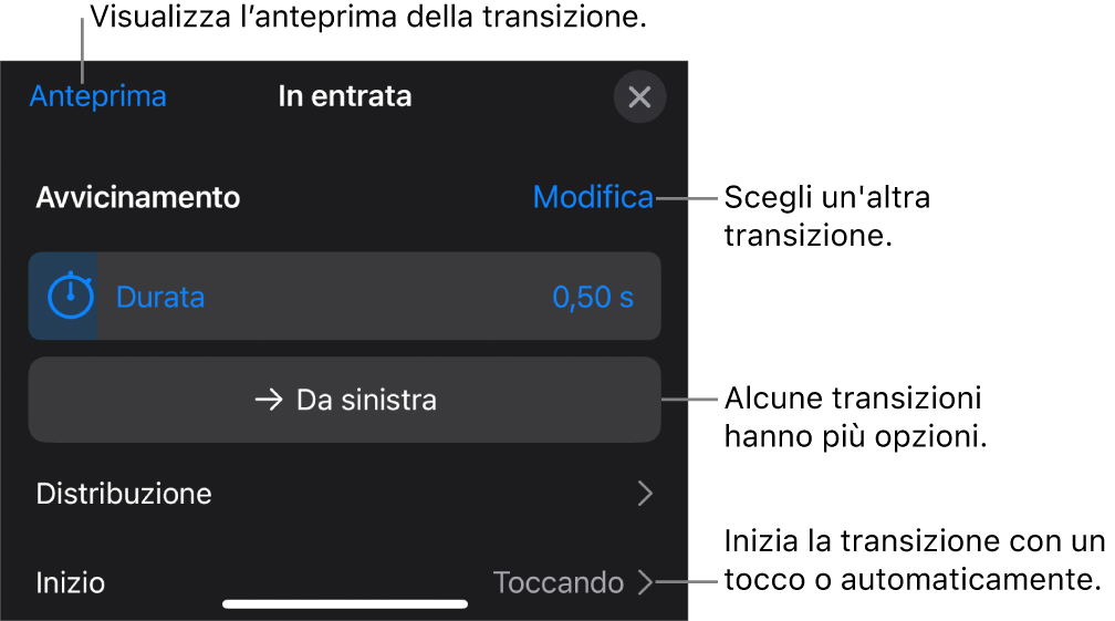 Controlli nel pannello Opzioni per modificare una transizione.