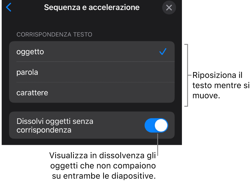 Opzioni di sequenza e accelerazione di “Spostamento magico” nel pannello Accelerazione.