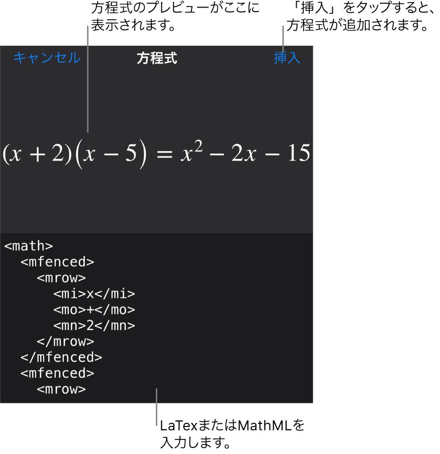「方程式」ダイアログ。MathMLコマンドを使用して書き込まれた方程式が表示され、その上に公式のプレビューが表示されています。