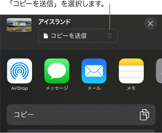 「共有」メニュー。上部で「コピーを送信」が選択されています。