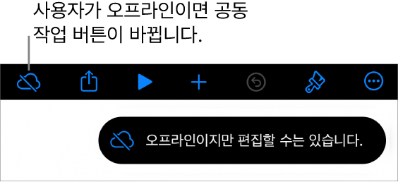 화면 상단의 버튼 중, 공동 작업 버튼이 대각선이 있는 구름으로 바뀜. ‘오프라인이지만 편집할 수는 있습니다.’라는 경고가 화면에 있음.