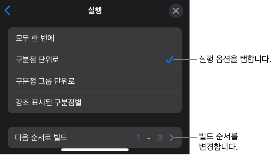 빌드인 패널에 실행 옵션.