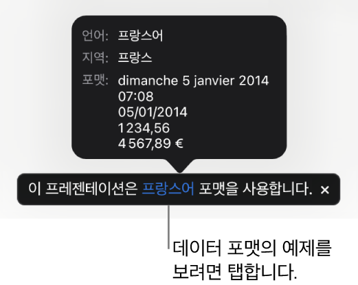 해당 언어 및 지역 포맷의 예제가 표시된 다른 언어 및 지역 설정 알림입니다.
