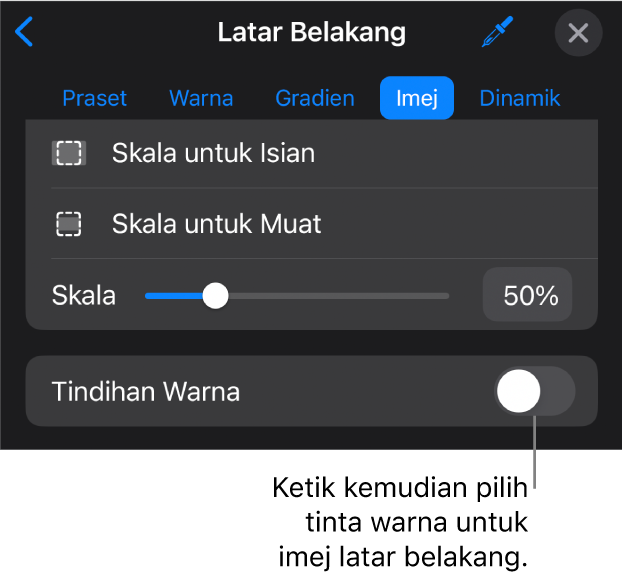 Kawalan Latar Belakang dengan imej disetkan sebagai latar belakang slaid dan kawalan Tindihan Warna di bahagian bawah.