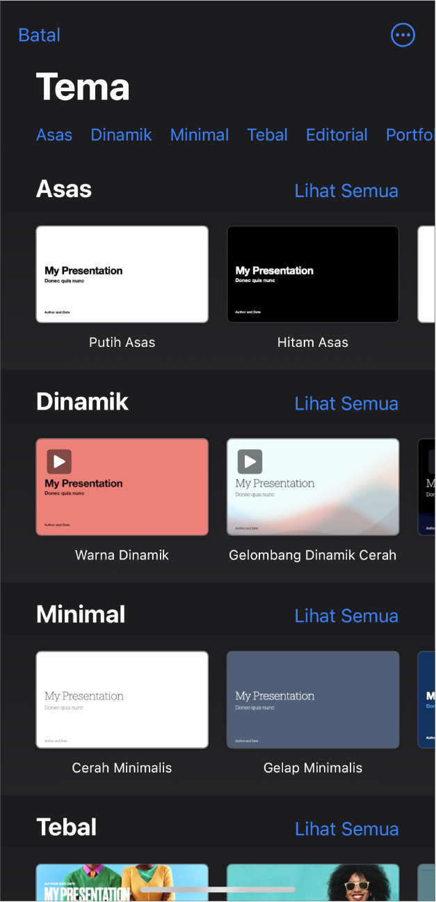 Pemilih tema, menunjukkan baris kategori merentas bahagian atas yang anda boleh ketik untuk menapis pilihan. Di bawah ialah imej kecil templat yang diprareka bentuk disusun dalam baris mengikut kategori, bermula dengan Asas di bahagian atas dan diikuti oleh Minimum dan Ketara. Butang Lihat Semua kelihatan di atas dan di sebelah kanan setiap baris kategori. Butang Batalkan berada di penjuru atas kiri.
