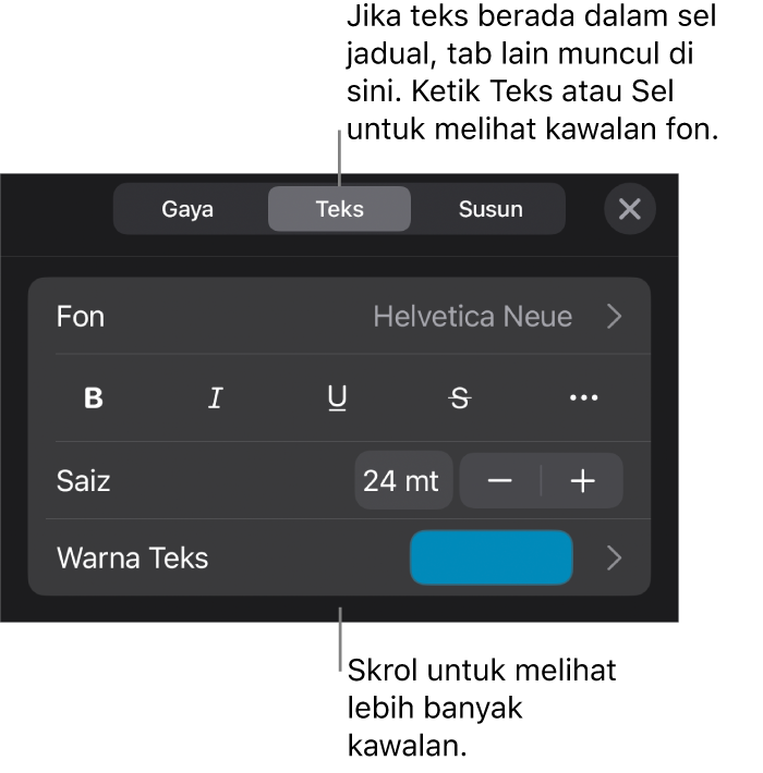 Kawalan teks dalam menu Format untuk mengesetkan perenggan dan gaya, fon, saiz dan warna aksara.