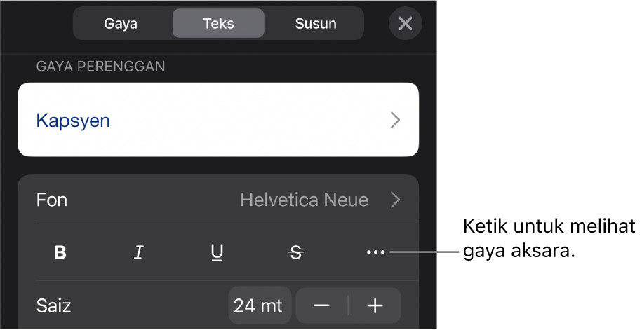 Kawalan Format dengan gaya perenggan di bahagian atas, kemudian kawalan Fon. Di bawah fon ialah butang Tebal, Italik, Garis Bawah, Garis Potong dan Lebih Banyak Pilihan Teks.