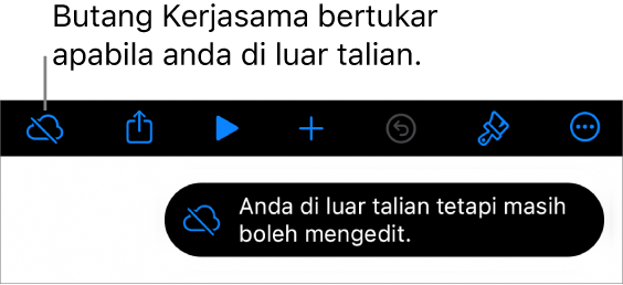 Butang di bahagian atas skrin, dengan butang Kerjasama bertukar menjadi awan dengan garis pepenjuru merentasinya. Isyarat pada skrin menyatakan “Anda di luar talian tetapi masih boleh mengedit”.