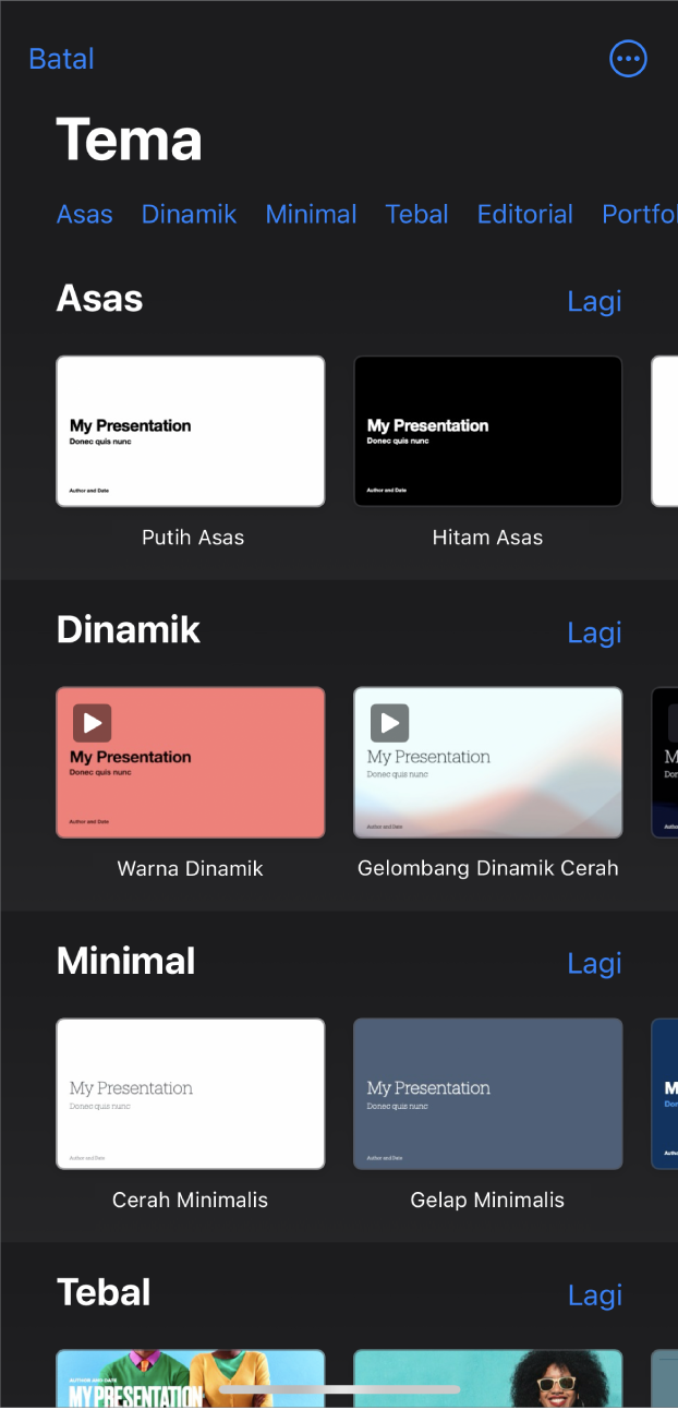 Pemilih tema, menunjukkan baris kategori merentas bahagian atas yang anda boleh ketik untuk menapis pilihan. Butang Lagi berada di penjuru kanan atas yang anda boleh setkan format Standard atau Lebar dan setkan pemformatan untuk bahasa atau rantau khusus. Di bawah ialah imej kecil tema yang diprareka bentuk disusun dalam baris mengikut kategori. Butang Lihat Semua kelihatan di atas dan di sebelah kanan setiap baris kategori.