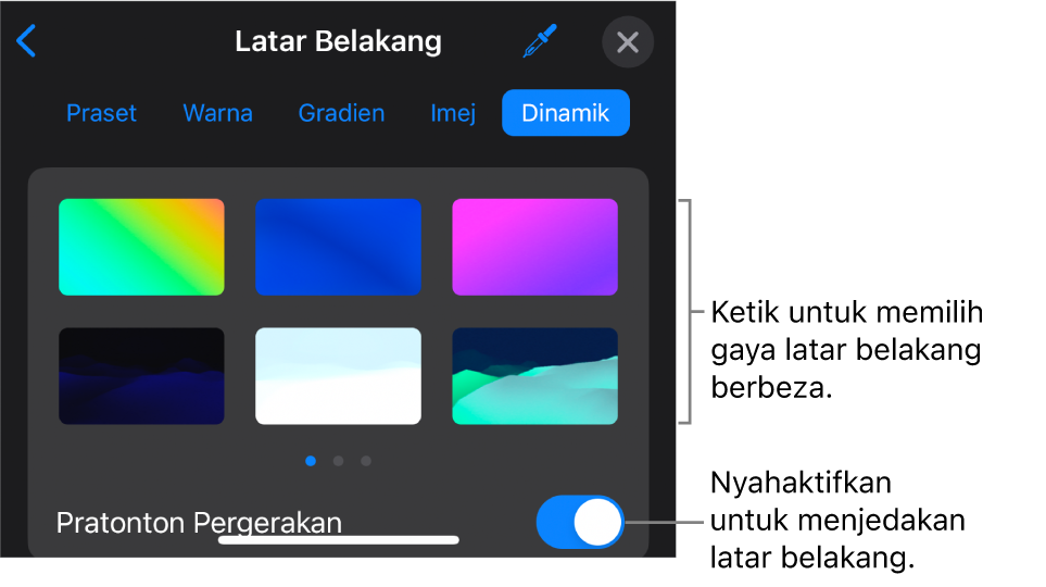 Kawalan latar belakang dinamik dengan imej kecil gaya latar belakang dan butang Pratonton Pergerakan dipaparkan.