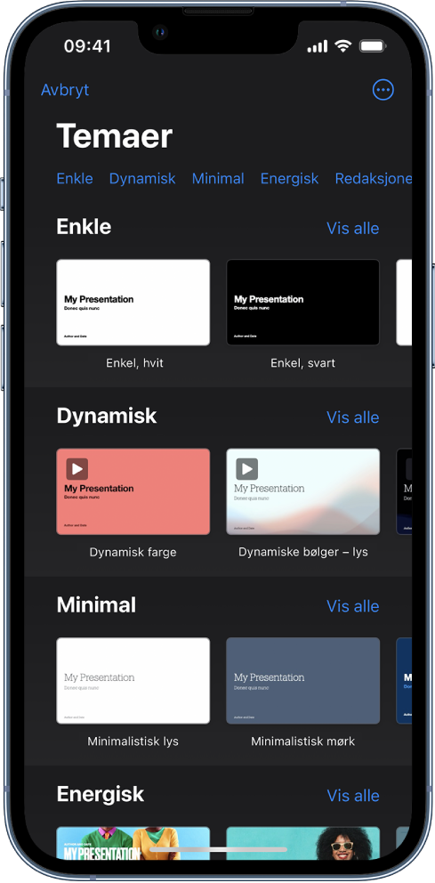 Temavelgeren med en rad med kategorier langs toppen som du kan trykke på for å filtrere alternativene. Under er miniatyrer av forhåndsdesignede temaer som er plassert i rader etter kategori.
