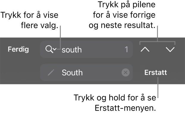 Søk og erstatt-kontrollene over tastaturet med knappene Erstatt, Gå opp og Gå ned, og en pil som kan trykkes på for å vise søkealternativer.