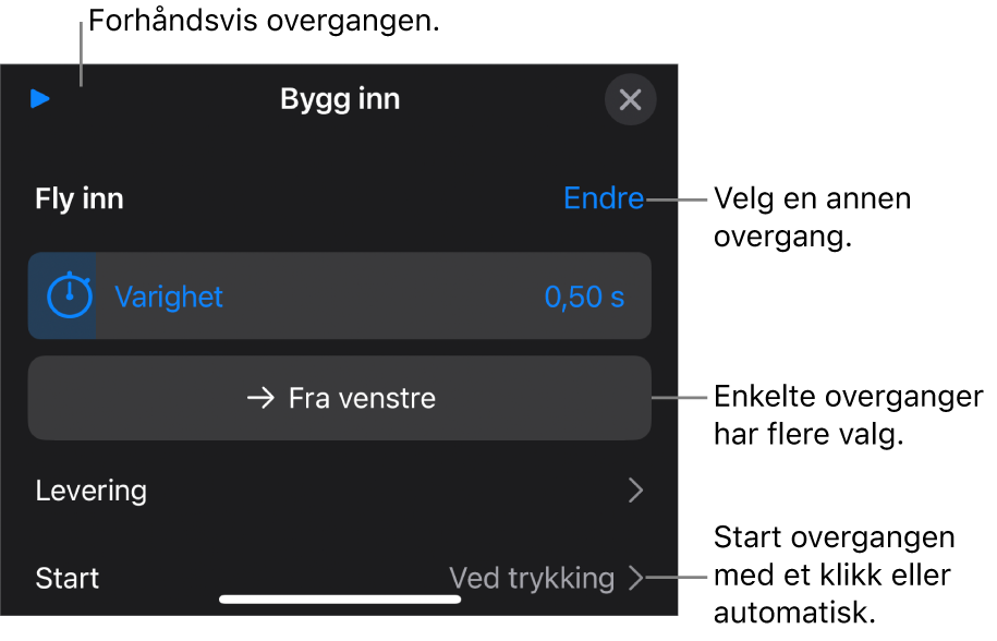 Kontrollene i Valg-panelet for å endre en overgang.