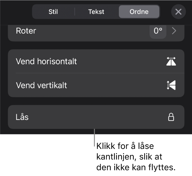 Ordne-kontrollene i Format-menyen med Lås-knappen framhevet.