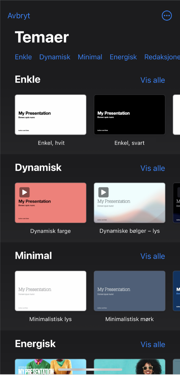 Temavelgeren med en rad med kategorier langs toppen som du kan trykke på for å filtrere alternativene. Mer-knappen er øverst til høyre, hvor du kan angi Standard- eller Bred-format og angi formattering for et bestemt språk eller område. Under er miniatyrer av forhåndsdesignede temaer som er plassert i rader etter kategori. En Vis alle-knapp vises over og til høyre for hver kategorirad.