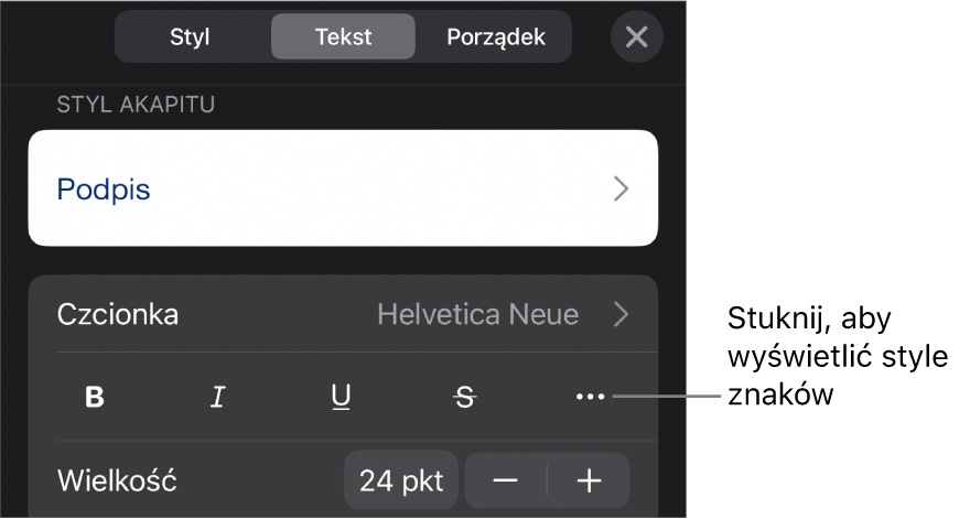 Narzędzia formatowania. Na samej górze widoczne są style akapitu, a poniżej znajdują się narzędzia czcionki. Pod narzędziami czcionki widoczne są przyciski Pogrubienie, Kursywa, Podkreślenie, Przekreślenie oraz Więcej opcji tekstu.