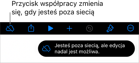 Przyciski znajdują się u góry ekranu; przycisk współpracy wyświetlany jest jako chmura przekreślona ukośną linią. Alert zawierający następującą informację: Brak połączenia z siecią, ale edycja nadal jest możliwa.