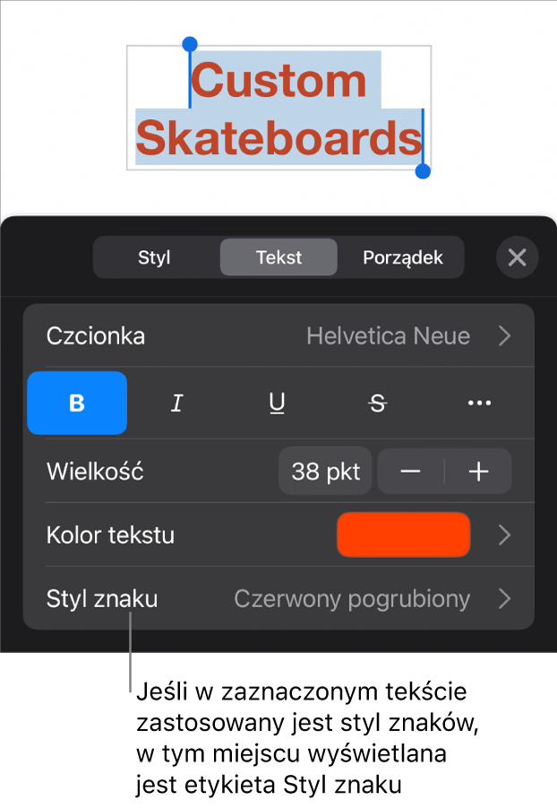 Narzędzia formatowania tekstu oraz menu stylów znaków widoczne poniżej narzędzi koloru. Styl znaków Brak wyświetlany jest z gwiazdką.