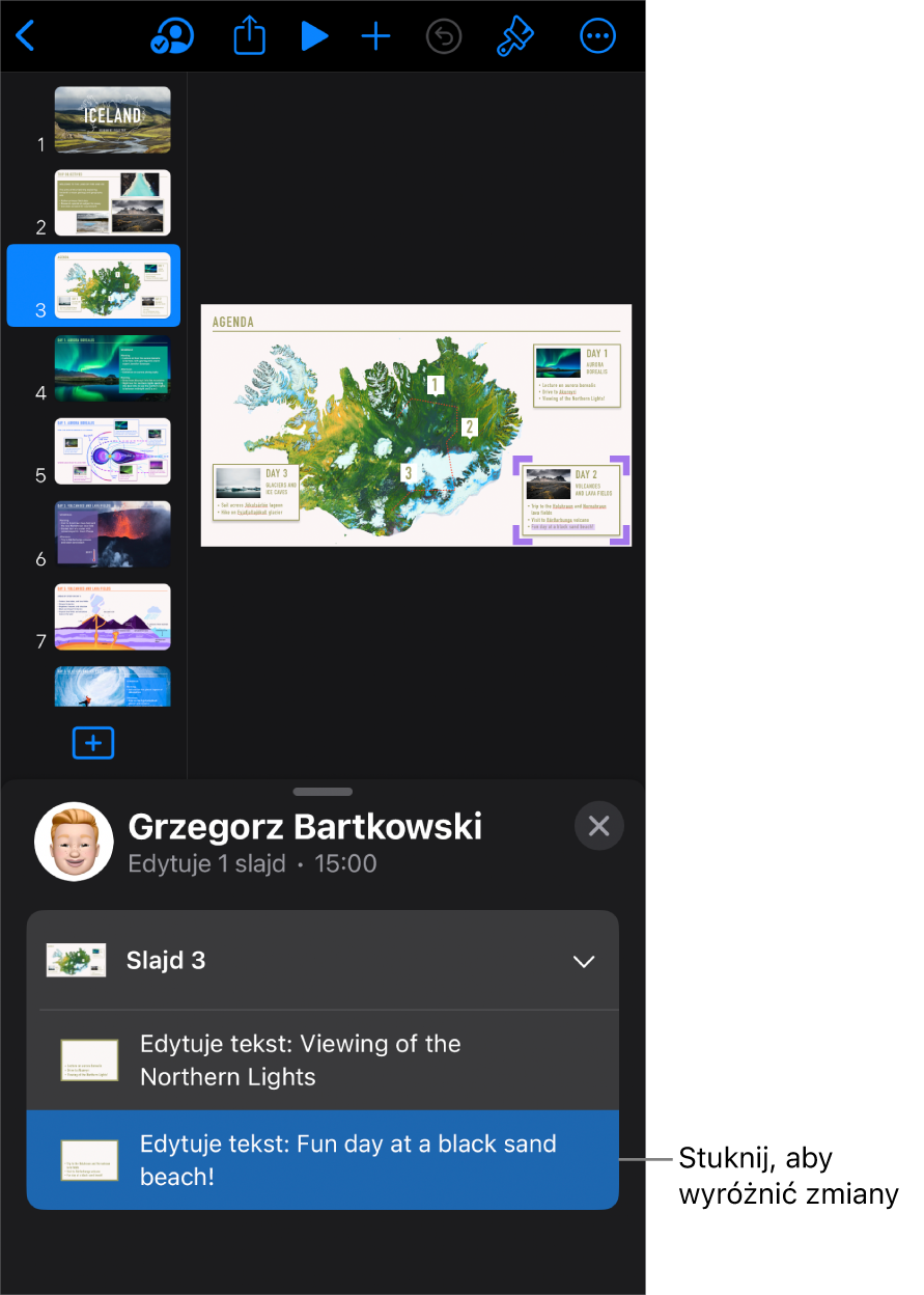 Opracowywana wspólnie prezentacja z otwartym menu współpracy i listą aktywności.