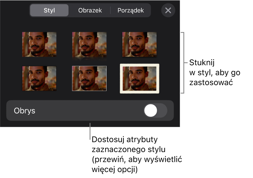 Karta Styl w menu Format, zawierająca na górze style obiektu, a poniżej narzędzie do zmiany obrysu.