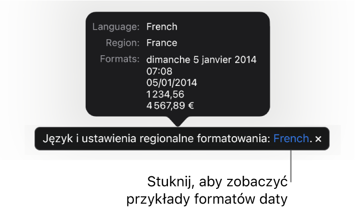 Powiadomienie o różnicy ustawień dotyczących języka i regionu, pokazujące przykłady formatowania używanego w wybranym języku i regionie.