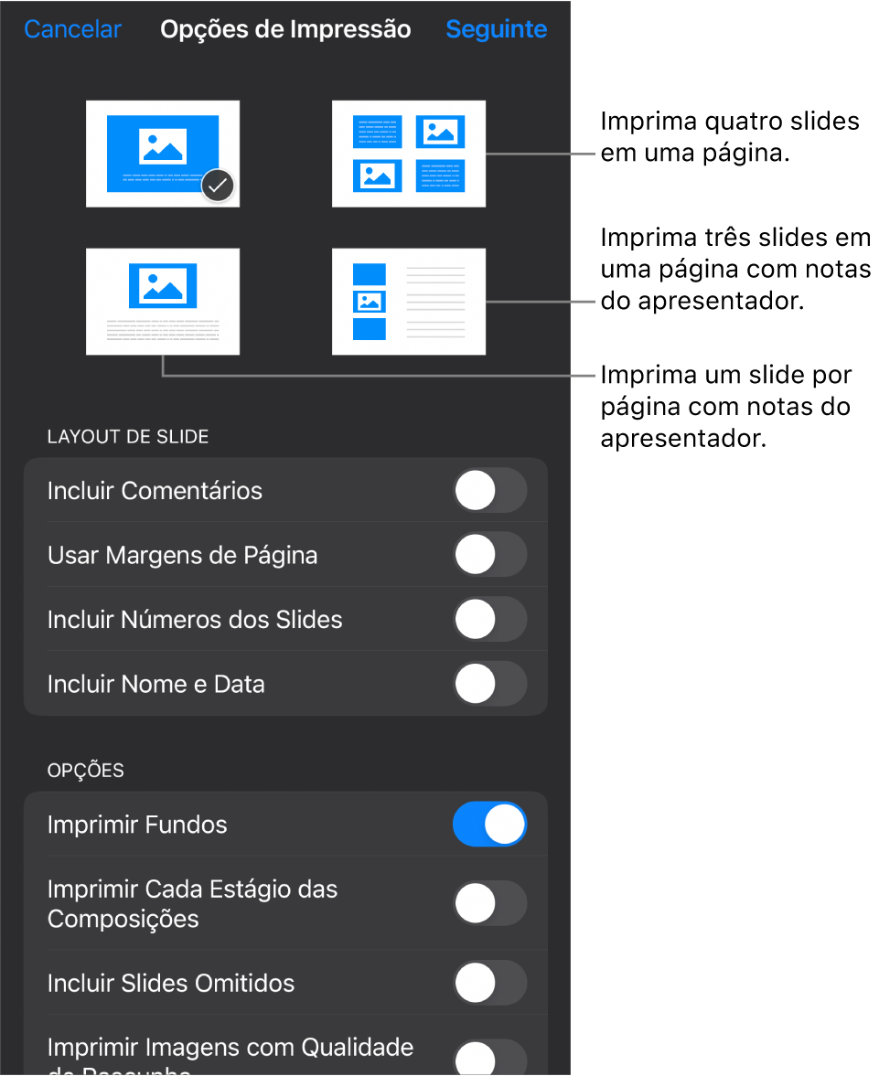Opções de layout de impressão.