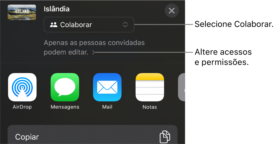 Menu Compartilhar com Colaborar selecionado na parte superior e os ajustes de acesso e permissão abaixo.