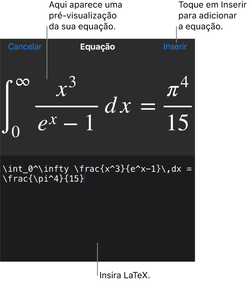 O diálogo de Equação, mostrando uma equação escrita com comandos LaTex e uma pré-visualização da fórmula acima.