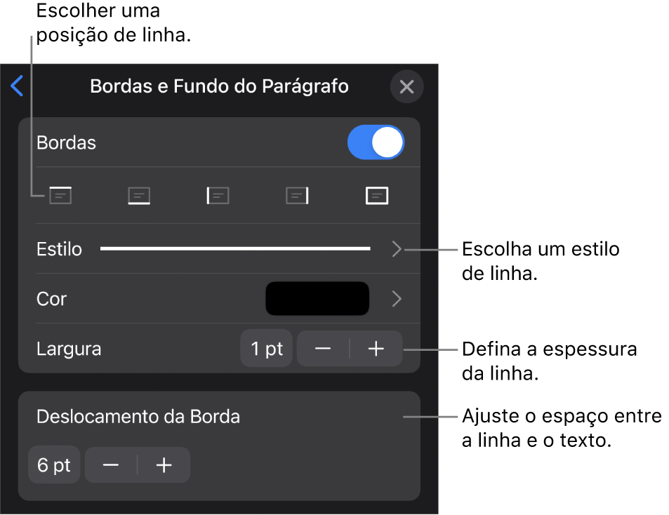 Controles para alterar o estilo, a espessura, a posição e a cor da linha.